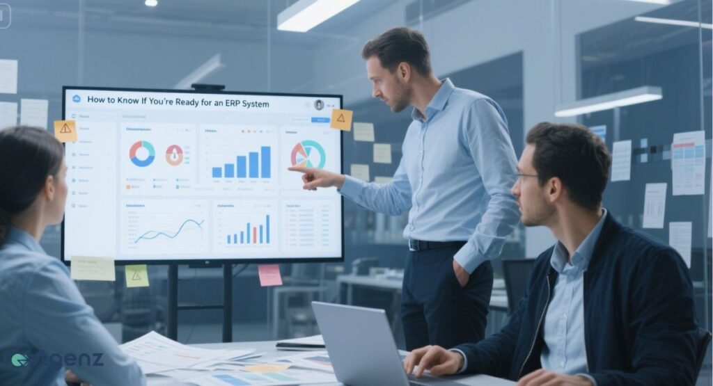 A man is giving a presentation to two colleagues in a modern office, pointing at a large digital screen. The screen displays various data visualizations like pie charts, line graphs, and bar charts, with the title "How to Know If You're Ready for an ERP System."