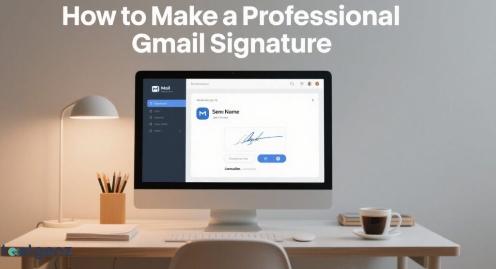 A computer monitor displays a Gmail interface showing a professional email signature with a person's name and a signature graphic. A desk lamp, a pen holder, a notebook, and a coffee cup are also on the desk.