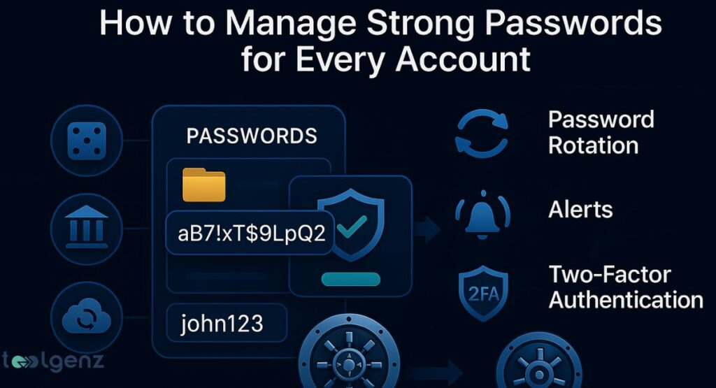 "How to Manage Strong Passwords for Every Account." The image illustrates key password management tips, including Password Rotation, Alerts, and Two-Factor Authentication, using icons and a strong password example.