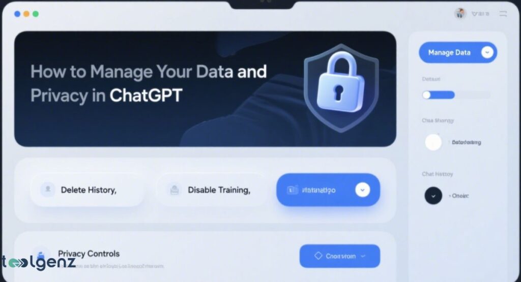 The image shows a lock icon, a slider for data settings, and options to "Delete History," "Disable Training," and "Privacy Controls." The title at the top reads "How to Manage Your Data and Privacy in ChatGPT."