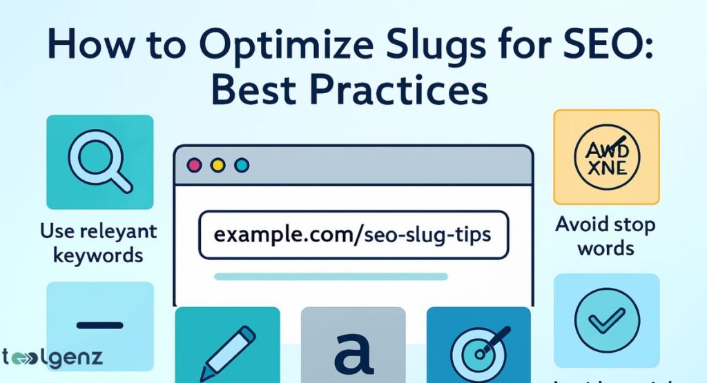 "How to Optimize Slugs for SEO: Best Practices." It shows a browser window with a URL slug "example.com/seo-slug-tips." The image provides four key tips for slug optimization, including using relevant keywords, avoiding stop words, using hyphens to separate words, and keeping slugs concise.