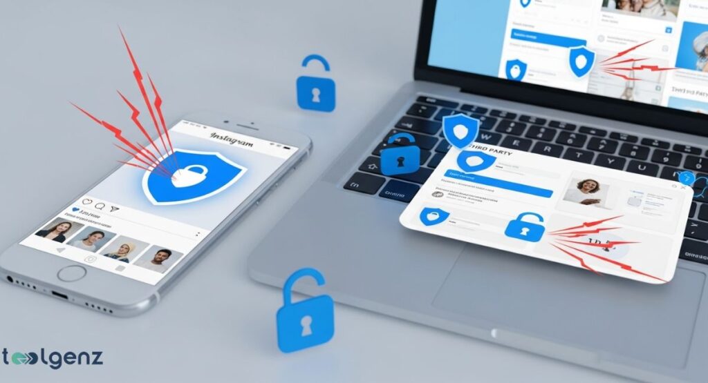 A smartphone and laptop are shown with a focus on Instagram and third-party data tracking. The image uses glowing shield and padlock icons to represent digital privacy and security. Red jagged lines emanating from the devices symbolize a warning or data breach.
