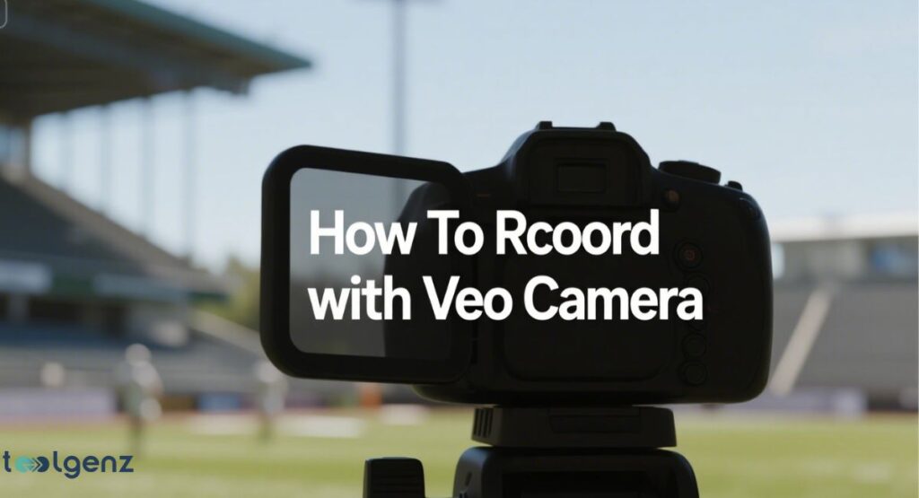 A close-up, out-of-focus shot of a black Veo camera on a tripod on a soccer field. The camera's screen is open, and a title card with the text "How To Rcoord with Veo Camera" is digitally overlaid on the screen.