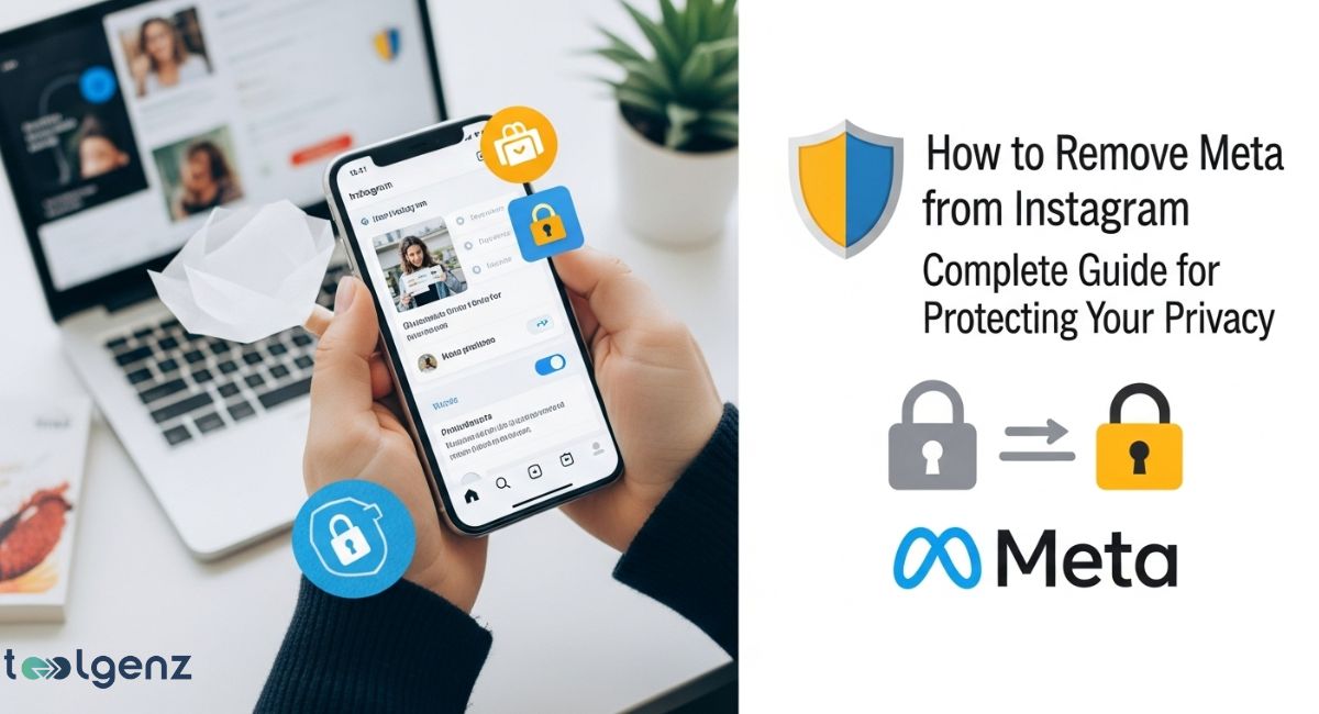 A smartphone displays the Instagram app interface, with hands holding the phone over a laptop keyboard. Overlayed security icons, including a padlock and shield, suggest a focus on data privacy. On the right, an infographic illustrates the remove Meta from Instagram with padlock icons and the Meta logo.