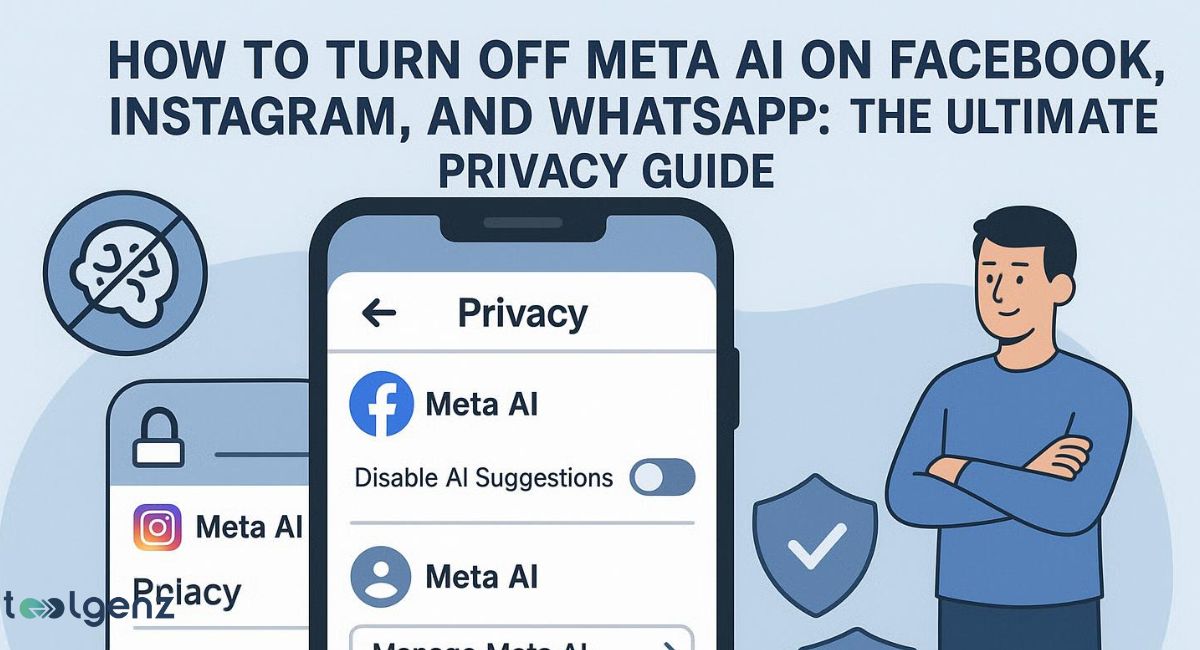 "How to Turn Off Meta AI on Facebook, Instagram, and Whatsapp: The Ultimate Privacy Guide." The image shows a smartphone screen with the "Privacy" settings open, displaying an option to "Disable AI Suggestions" for Meta AI. A person is standing nearby, with a shield icon featuring a checkmark, representing data protection and privacy.