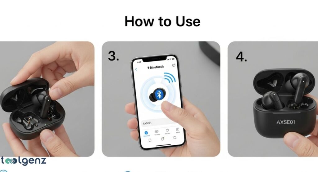 A three-panel graphic demonstrating how to use a pair of wireless earbuds. The panels show the earbuds in their case, a smartphone with a Bluetooth pairing screen, and the earbuds placed back in the case.