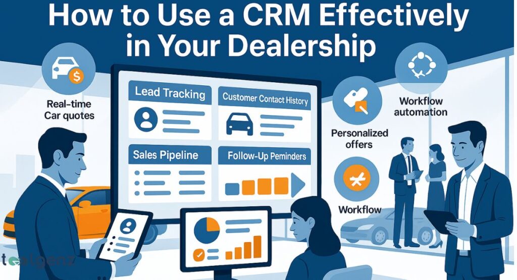 An illustration of a male figure holding a tablet that displays CRM data, with a large screen in the center showing various CRM features. The features listed include lead tracking, customer contact history, sales pipeline, and follow-up reminders. Other icons represent real-time car quotes, workflow automation, and personalized offers.