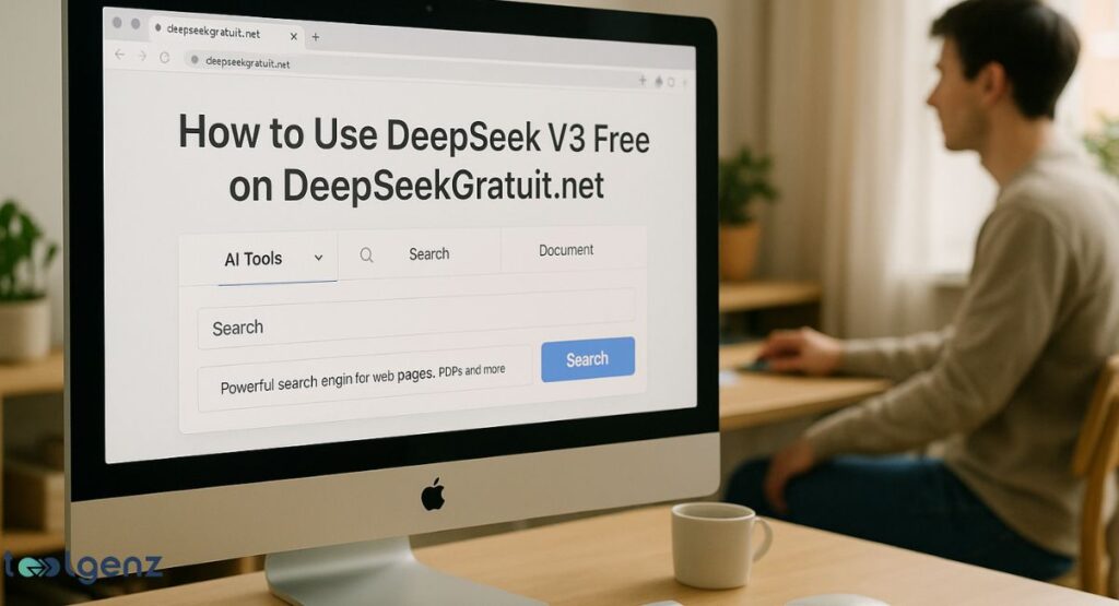 A man sitting at a desk with an Apple iMac, which displays the homepage for DeepSeekGratuit.net. The website is titled "How to Use DeepSeek V3 Free on DeepSeekGratuit.net" and features a search bar for web pages and PDFs. A white coffee mug is on the desk next to the computer.