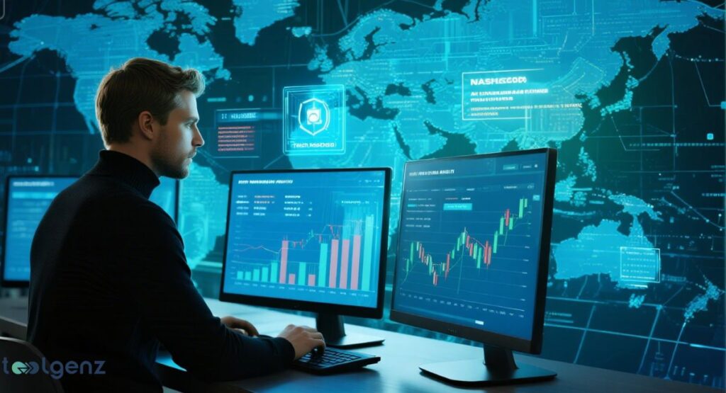 A man is seated in front of three computer monitors displaying stock market graphs and data, with a holographic world map projected behind them. The setup is designed for advanced market analysis, incorporating digital security and global financial trends.