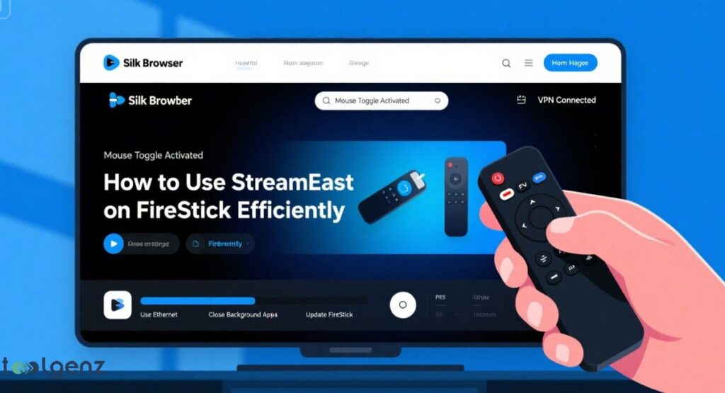 A hand holds a FireStick remote control, pointing at a TV screen that displays the "Silk Browber" interface with a "Mouse Toggle Activated" message. The screen provides instructions on "How to Use StreamEast on FireStick Efficiently." A "VPN Connected" status is also visible.