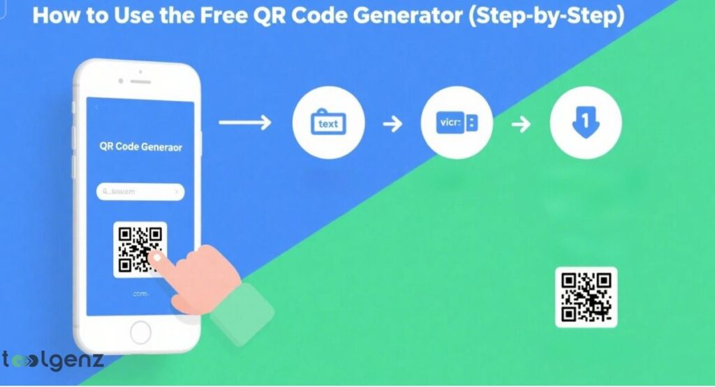 "How to Use the Free QR Code Generator (Step-by-Step)." It shows a smartphone with a QR code generator, followed by a flow chart with icons for text input, a vCard, and a download button, to explain the process of creating a QR code.