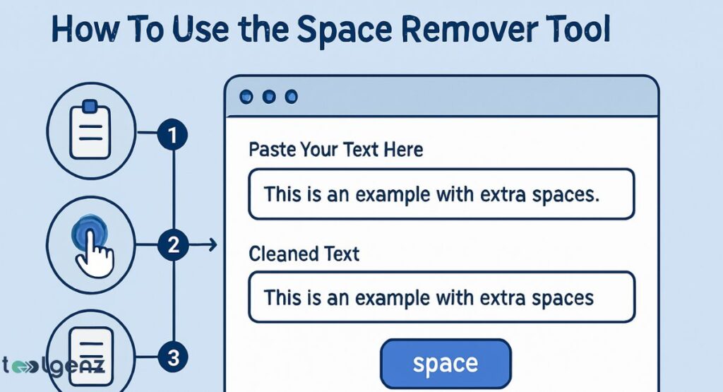 "How To Use the Space Remover Tool." The image illustrates a simple three-step process: (1) a document icon with the text "Paste Your Text Here," (2) a hand clicking a button, and (3) a document icon showing the "Cleaned Text." It shows a "before" and "after" of a text field, demonstrating how the tool removes extra spaces from a sentence.