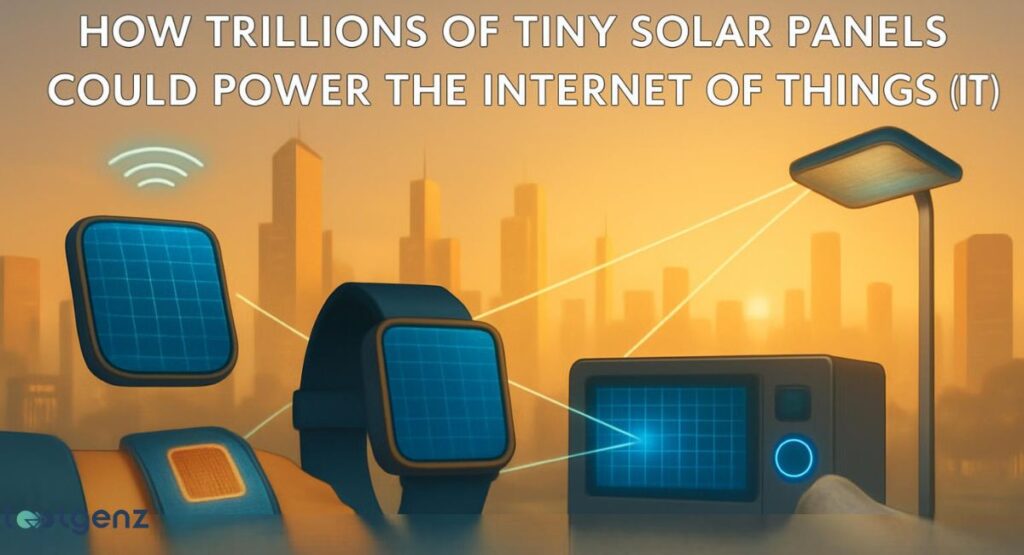 "HOW TRILLIONS OF TINY SOLAR PANELS COULD POWER THE INTERNET OF THINGS (IT)." The image depicts a futuristic city with a sunset-like glow. In the foreground, there are several small electronic devices, including a smartwatch, a wristband, and a sensor, all with embedded solar panels. The devices are connected by glowing lines to a street lamp with a larger solar panel, suggesting a network of self-powered devices.