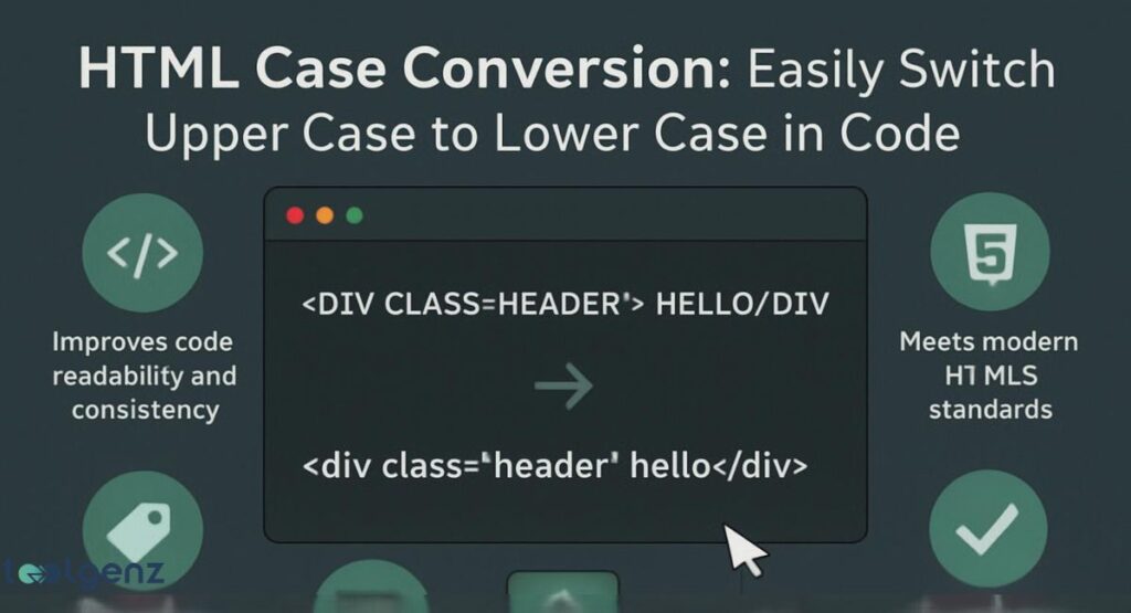 "HTML Case Conversion: Easily Switch Upper Case to Lower Case in Code." The image shows a text editor interface with a "before" and "after" view of an HTML code snippet. The "before" code is <DIV CLASS="HEADER"> HELLO</DIV> and the "after" is <div> class="header" hello</div>, demonstrating the conversion to lowercase. It highlights two key benefits: "Improves code readability and consistency" and "Meets modern HTML standards."