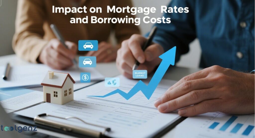 A close-up of a table with a miniature house, a one-dollar sign, and icons of cars on a financial document. A blue line graph with an upward trend and a large arrow is in the center. Two people are in the background, out of focus, with one pointing at the documents. The title at the top says "Impact on Mortgage Rates and Borrowing Costs."