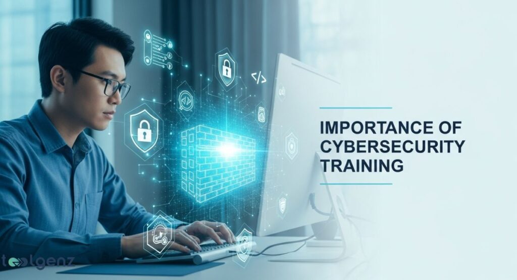 A man is working on a computer, and the screen displays a glowing, abstract firewall made of blocks, symbolizing protection. Icons representing security concepts like a padlock, a shield, and data flow are floating around him.