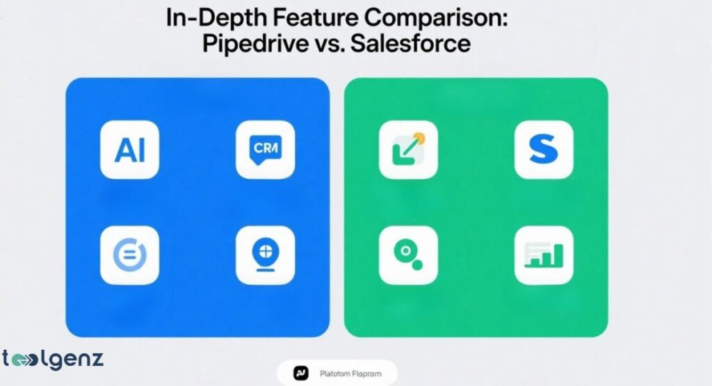 A side-by-side comparison of features for Pipedrive and Salesforce. The left blue panel represents Salesforce with icons for AI, CRM, and two others. The right green panel represents Pipedrive with icons for a sales pipeline, the letter "S," and a bar chart, among others.