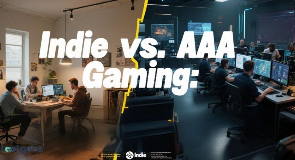 A split image comparing "Indie vs. AAA Gaming: Who's Leading Innovation." The left side shows indie game developers working in a relaxed, bright office setting. The right side depicts a large, dark corporate office with many developers at computers, representing AAA gaming.