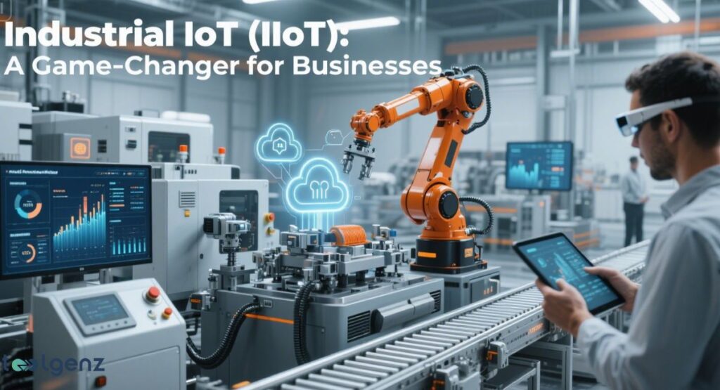 "Industrial IoT (IIoT): A Game-Changer for Businesses." The image shows a modern factory floor with a large, orange robotic arm at the center. A man wearing a futuristic headset and holding a tablet with data displays stands in the foreground. The robot is surrounded by other machinery, and glowing blue cloud icons with connecting lines float above the equipment, symbolizing interconnected, cloud-based data.