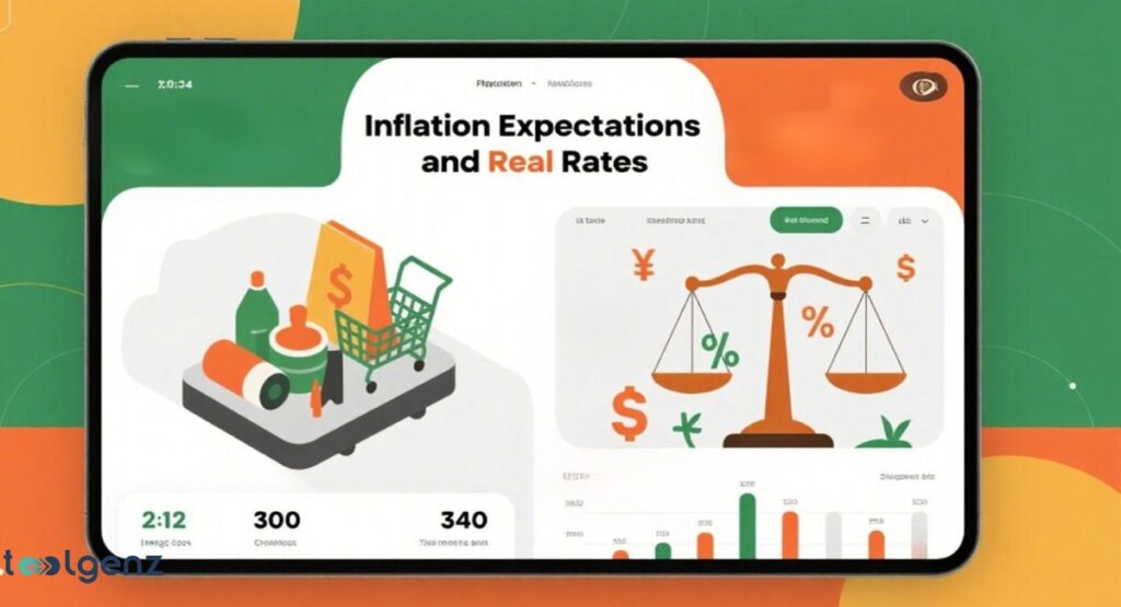 A tablet screen displays two main graphics: on the left, a shopping cart with groceries and a dollar sign, representing inflation; on the right, a scale balancing currency and percentage symbols, representing real rates. The title reads "Inflation Expectations and Real Rates."