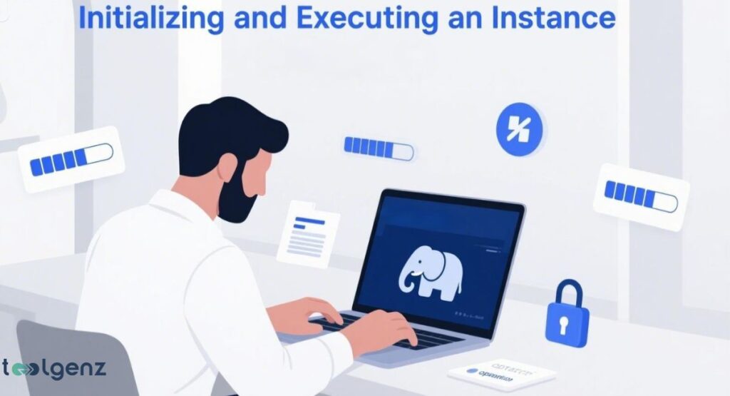 The laptop screen shows a logo of an elephant, which is the symbol for PostgreSQL. Above the laptop, there are several floating progress bars and icons, including a lock, a shield, and a gear. The title at the top is "Initializing and Executing an Instance.