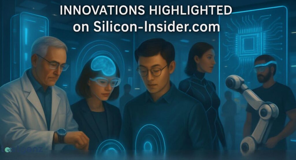 "INNOVATIONS HIGHLIGHTED on Silicon-Insider.com." The scene is a futuristic laboratory or workshop with four individuals. A man in a lab coat and a woman with glowing augmented reality glasses are looking at a display on a smartwatch. A man in the center wears glasses and looks down, and on the right, a man with a glowing headband interacts with a robotic arm. The background is filled with glowing circuit patterns and a large microchip icon, emphasizing a high-tech, innovative theme.