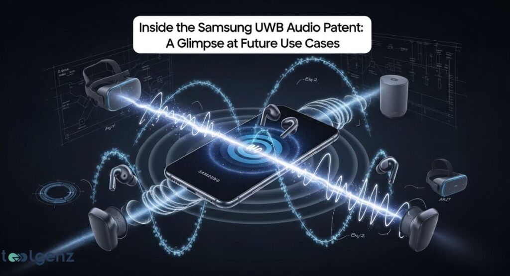 A smartphone with a glowing Samsung logo is at the center, surrounded by wireless earbuds, VR headsets, and a portable speaker, all interconnected by blue, wavy lines representing Ultra-Wideband (UWB) audio. The title at the top is "Inside the Samsung UWB Audio Patent: A Glimpse at Future Use Cases."