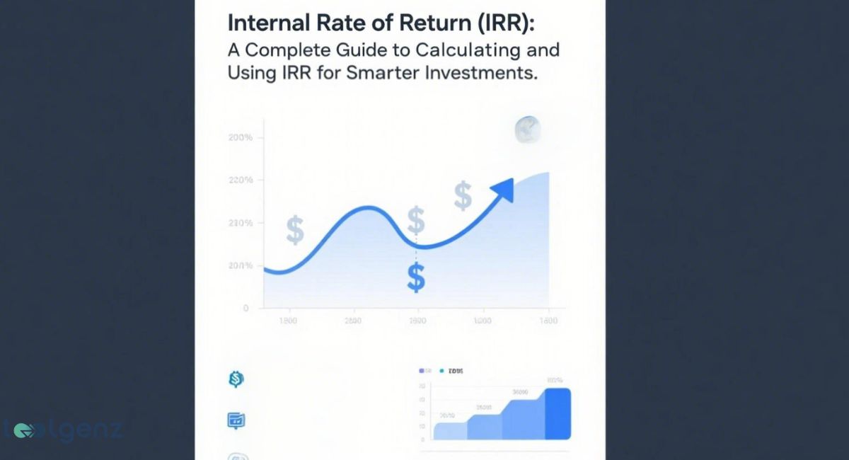 "Internal Rate of Return (IRR): A Complete Guide to Calculating and Using IRR for Smarter Investments." The main visual is a line graph showing a financial trend that goes up, then down, then sharply up again, with dollar signs at the peaks and a moon icon at the final peak. The chart has a timeline from 1000 to 1600 on the x-axis and percentages from 200% to 220% on the y-axis. The overall theme is related to investment and financial analysis.