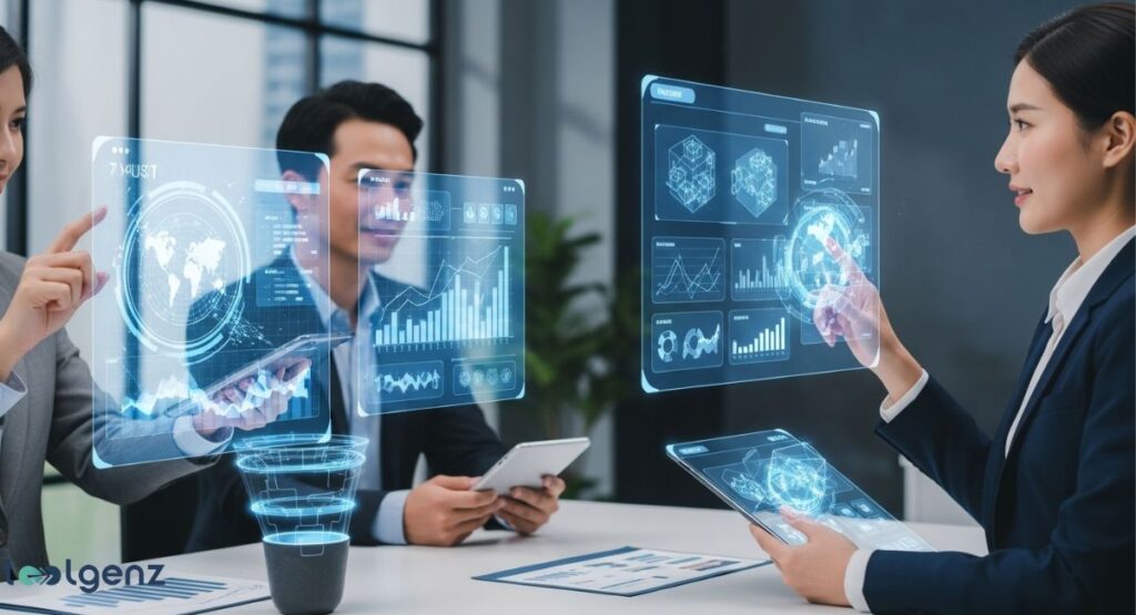 Three business professionals are in a meeting, interacting with multiple floating, holographic screens displaying data, charts, and world maps. The screens represent augmented reality (AR) applications.