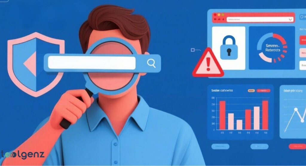 The image features a person holding a magnifying glass over a search bar, surrounded by cybersecurity icons like a red warning sign, a shield, and data charts. This visually addresses the security of the service.