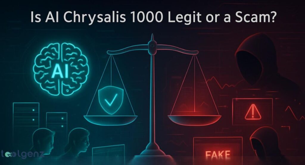 Is AI Chrysalis 1000 Legit or a Scam?" The image is a split-screen with two halves. The left side, representing "legitimacy," is blue and shows a brain icon for AI and a shield with a checkmark. The right side, representing "scam," is red and shows a warning triangle icon, a figure in a hoodie, and the word "FAKE." A scale is in the center, balancing the two sides.