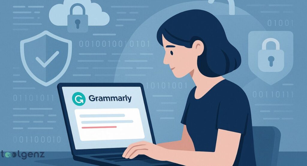 An illustration of a woman using a laptop with the Grammarly interface displayed on the screen. The background is filled with security-related icons such as a padlock, a shield with a checkmark, and a cloud with a padlock, all set against a matrix of binary code.