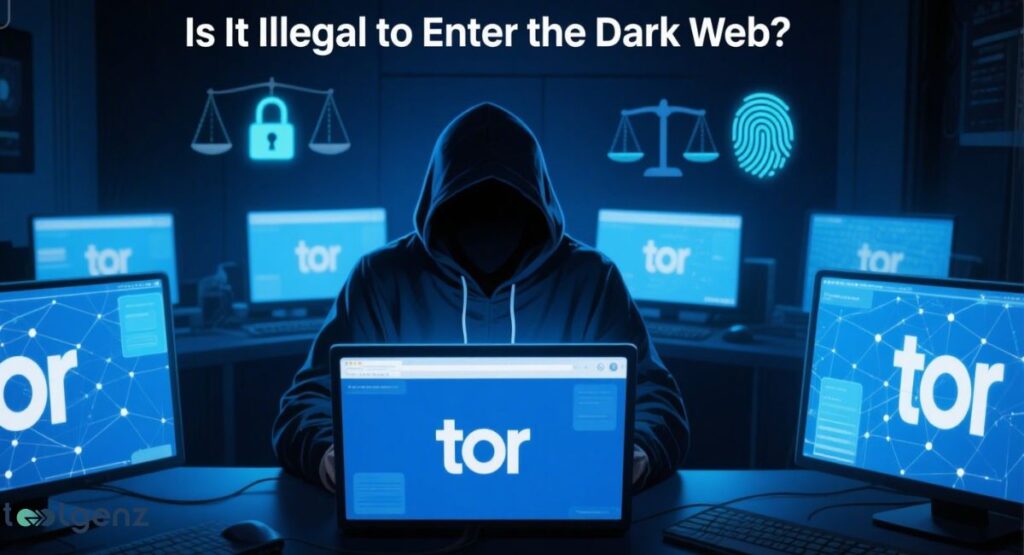 A person in a dark hoodie is sitting at a computer with multiple monitors displaying the Tor network logo, a scale of justice, a padlock, and a fingerprint. The title of the image is "Is It Illegal to Enter the Dark Web?"