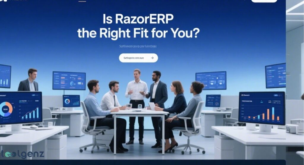 "Is RazorERP the Right Fit for You?" The image shows a diverse group of six business professionals, four men and two women, seated around a conference table in a modern, open-plan office. A male presenter stands at the head of the table, speaking to the group. Multiple computer screens surrounding the table display various data visualizations, including graphs and charts.