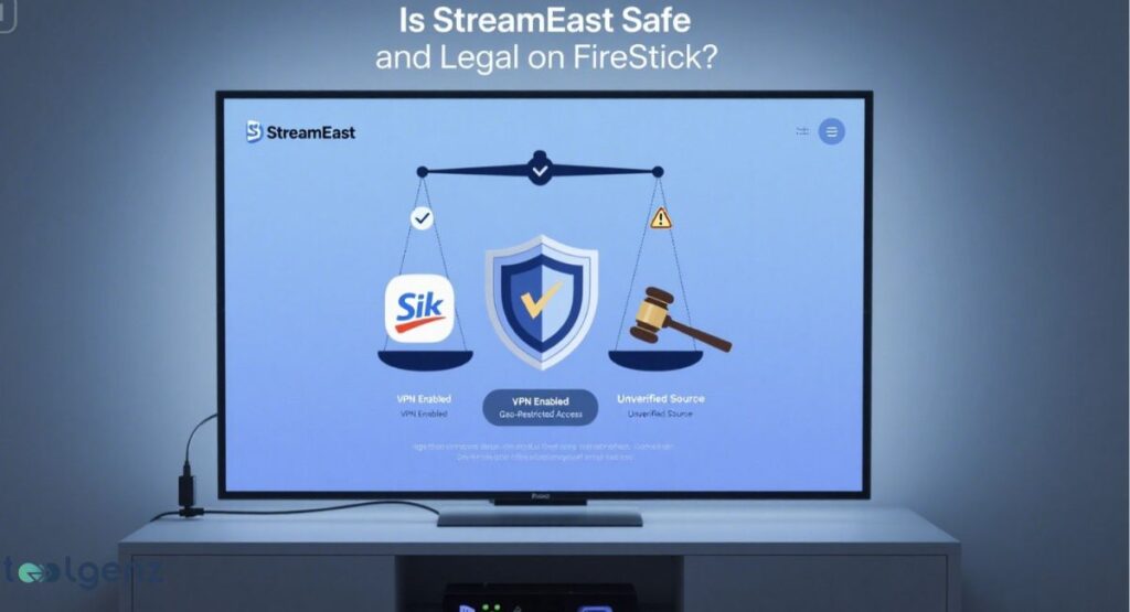A television screen displays a graphic with a scale balancing a "Safe" shield and a "Not Safe" warning symbol, illustrating the safety and legality of "StreamEast" on a FireStick. The safe side includes a checkmark and "VPN Enabled," while the unsafe side has a hammer icon and "Unverified Source." The title at the top asks, "Is StreamEast Safe and Legal on FireStick?".