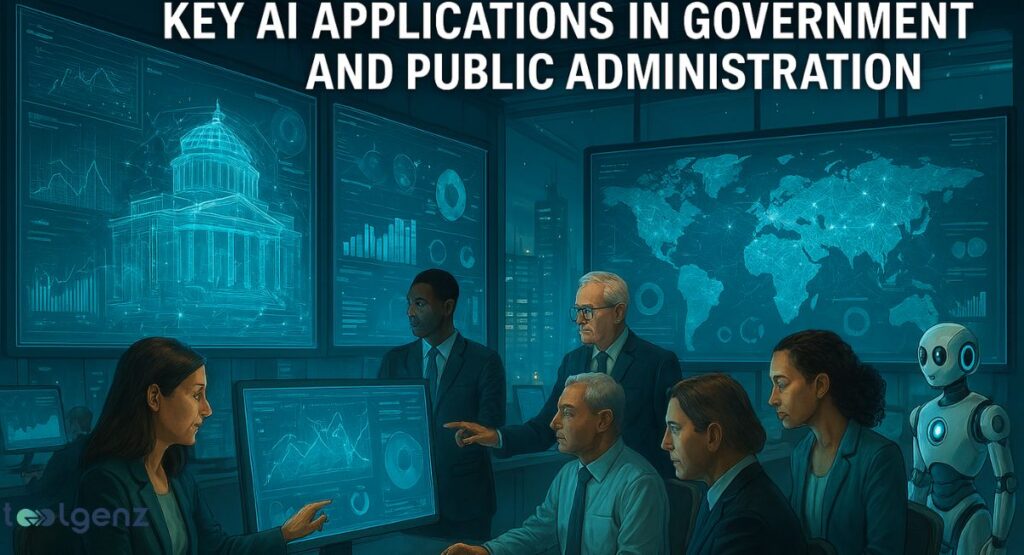 An illustration of a group of government officials and a robot in a high-tech control room, surrounded by large screens displaying data, charts, and a map of the world. The title at the top is "Key AI Applications in Government and Public Administration."