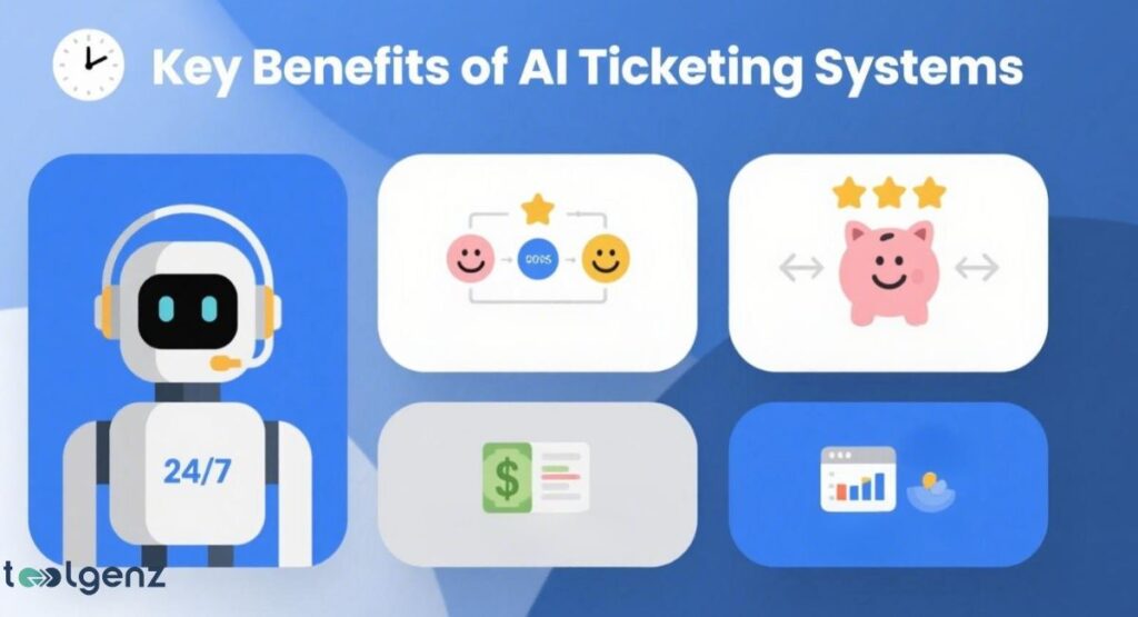 "Key Benefits of AI Ticketing Systems." It features a central robot with a headset, signifying 24/7 support. Surrounding the robot are four icons representing benefits: a user journey with a smiley face (customer satisfaction), a piggy bank with stars (cost savings), a dollar bill (increased revenue), and a computer screen with graphs (data analysis and reporting).

