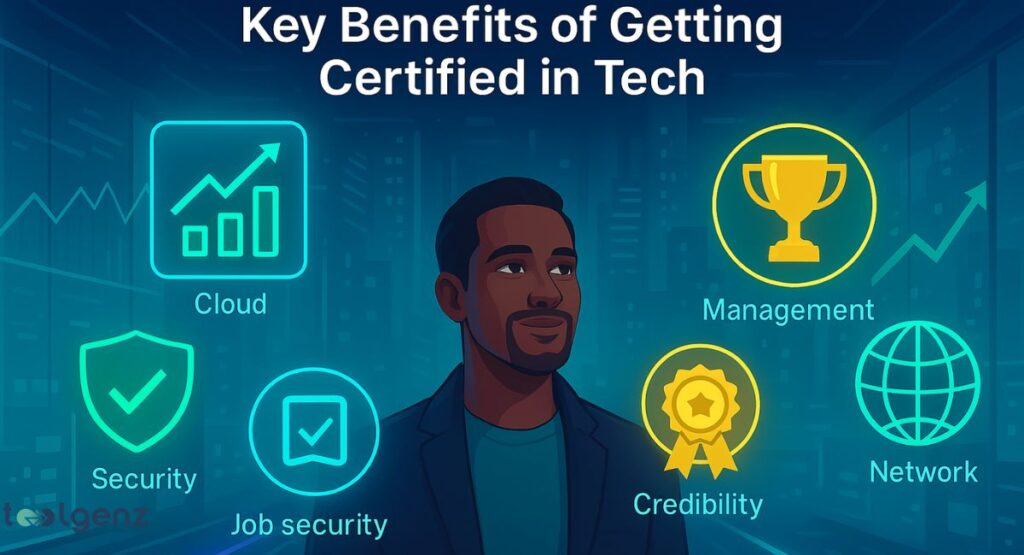 "Key Benefits of Getting Certified in Tech." It features a central figure surrounded by five icons representing the benefits: a graph for Cloud, a trophy for Management, a shield for Security, a clipboard for Job security, and a ribbon for Credibility.