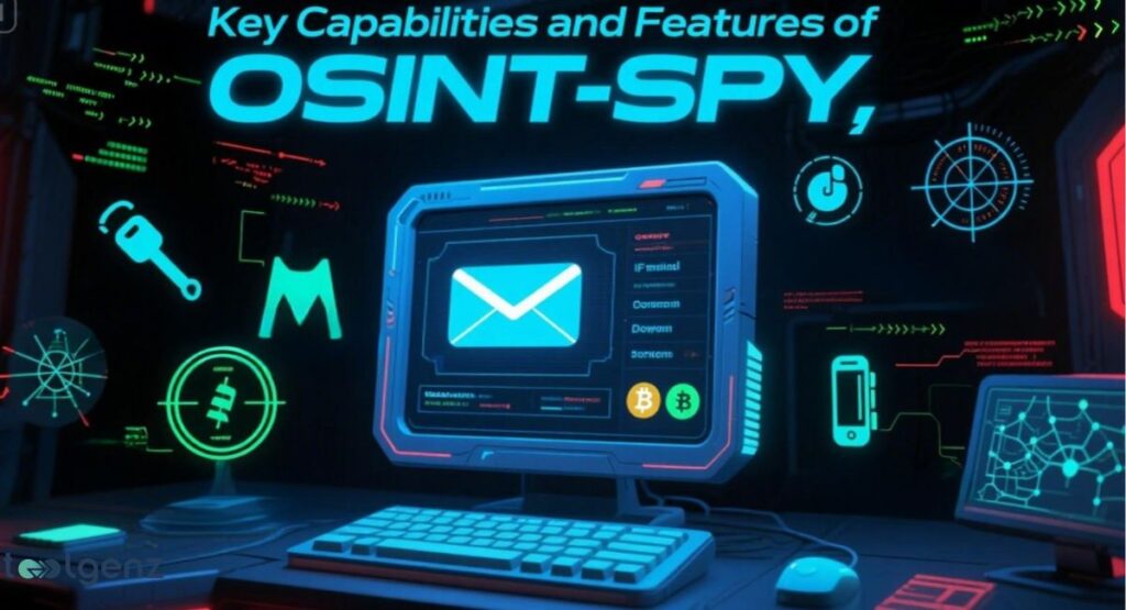 The screen shows various data points, a mail icon, and Bitcoin symbols. The background is filled with glowing circuit lines and holographic data.