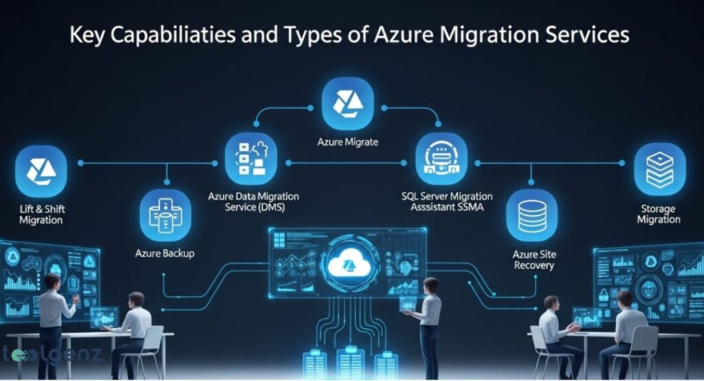 A flowchart illustrating various types of Azure migration services. The chart shows six main services, including "Lift & Shift Migration," "Azure Data Migration Service (DMS)," and "SQL Server Migration Assistant (SSMA)." The title at the top is "Key Capabilities and Types of Azure Migration Services.