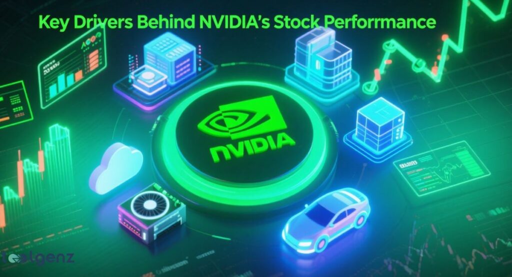 A 3D isometric illustration highlighting the key drivers of NVIDIA's stock performance. The central NVIDIA logo is surrounded by glowing green and blue icons representing various sectors, including data centers, gaming, automotive (a car), and cloud computing. The title at the top is "Key Drivers Behind NVIDIA's Stock Performance." A dynamic green line graph and other financial data are visible in the background.