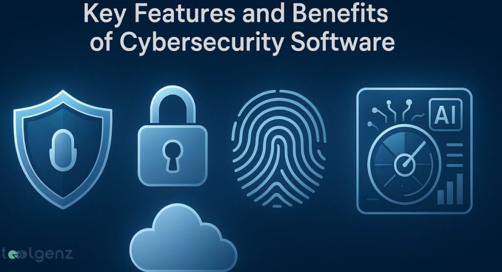 "Key Features and Benefits of Cybersecurity Software." The image displays five prominent glowing blue icons on a dark blue background with a subtle digital pattern. From left to right, the icons are: a shield with a fingerprint, a padlock, a fingerprint, a cloud, and a complex security system with a gear and charts labeled "AI."