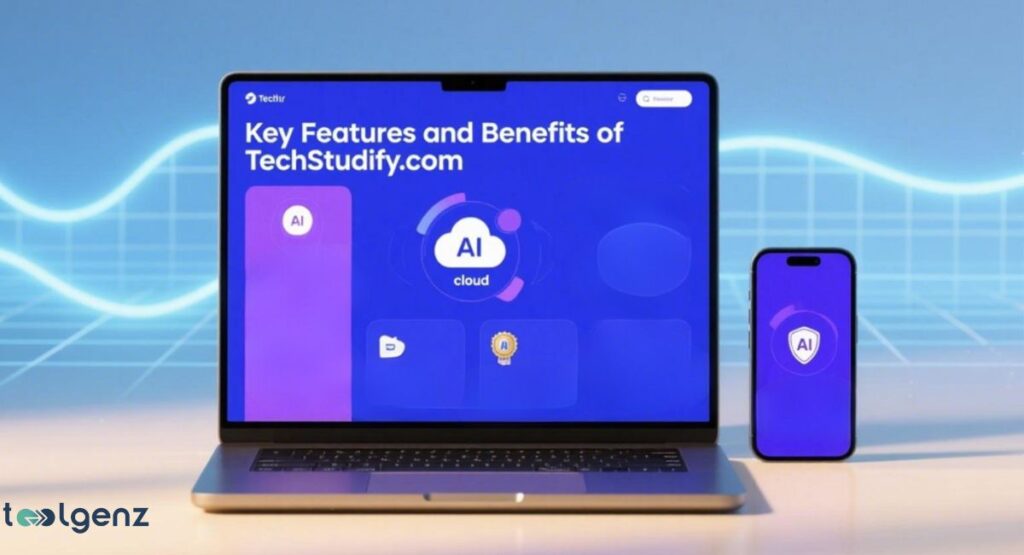 A laptop and a smartphone display the "TechStudify" website with the title "Key Features and Benefits of TechStudify.com." The screens show various glowing "AI" icons and abstract shapes, suggesting advanced technological features.
