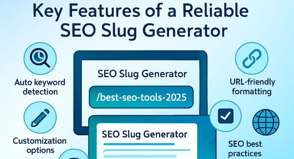 "Key Features of a Reliable SEO Slug Generator." It displays a user interface for an SEO slug generator tool, showing the generated slug "/best-seo-tools-2025." The image also highlights key features, including "Auto keyword detection," "Customization options," "URL-friendly formatting," and "SEO best practices," all illustrated with relevant icons.