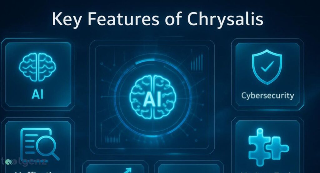 "Key Features of Chrysalis." The image displays six glowing blue icons in two rows of three. The icons represent various features of the Chrysalis software, including "AI," "Cybersecurity," "Reporting," and a "Puzzle" icon for modularity.