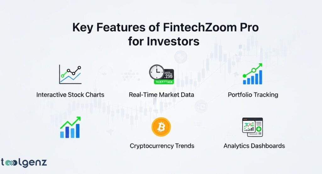 The features include Interactive Stock Charts, Real-Time Market Data, Portfolio Tracking, Cryptocurrency Trends, and Analytics Dashboards, each with a corresponding icon.
