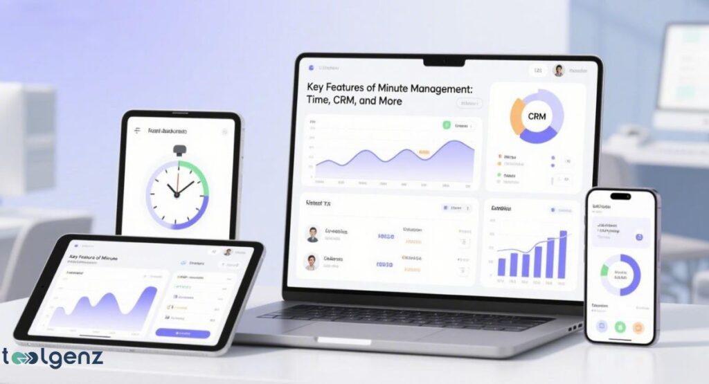 A visual representation of a multi-device dashboard for an ERP solution, showing a tablet, a laptop, and a smartphone. The screens display key features such as a clock for time management, a CRM pie chart, and various other graphs and data visualizations.