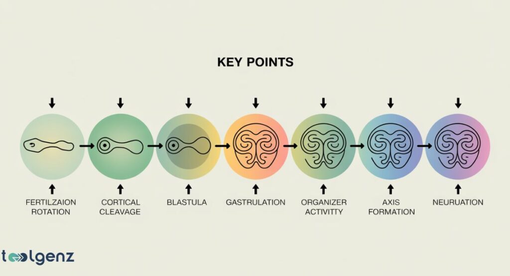 A horizontal scientific diagram showing seven stages of amphibian embryonic development. Each stage is represented by a cell or embryo, starting with "Fertilization Rotation" and progressing through "Cortical Cleavage," "Blastula," "Gastrulation," "Organizer Activity," "Axis Formation," and "Neurulation.