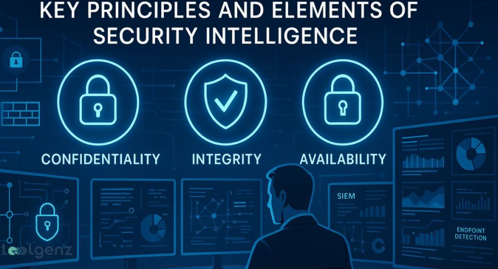 The image highlights three main principles: Confidentiality, Integrity, and Availability. It also shows a person looking at a multi-monitor dashboard displaying security data, including SIEM and endpoint detection information.