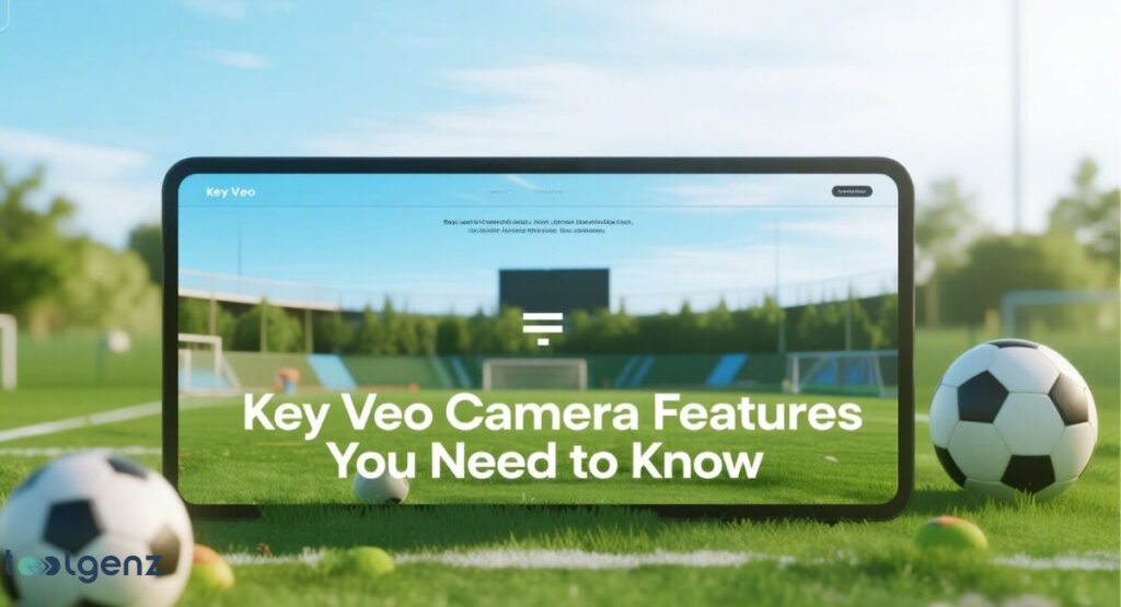 A close-up, low-angle shot of a tablet screen on a soccer field, with two soccer balls and a tripod visible. The tablet screen has the title "Key Veo Camera Features You Need to Know." In the background, a soccer stadium can be seen under a bright blue sky.